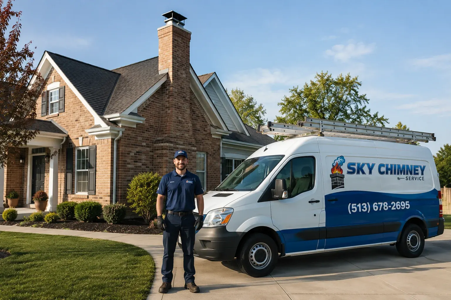 Moseley Masonry & Chimney Sweep technician and branded van in Columbus OH